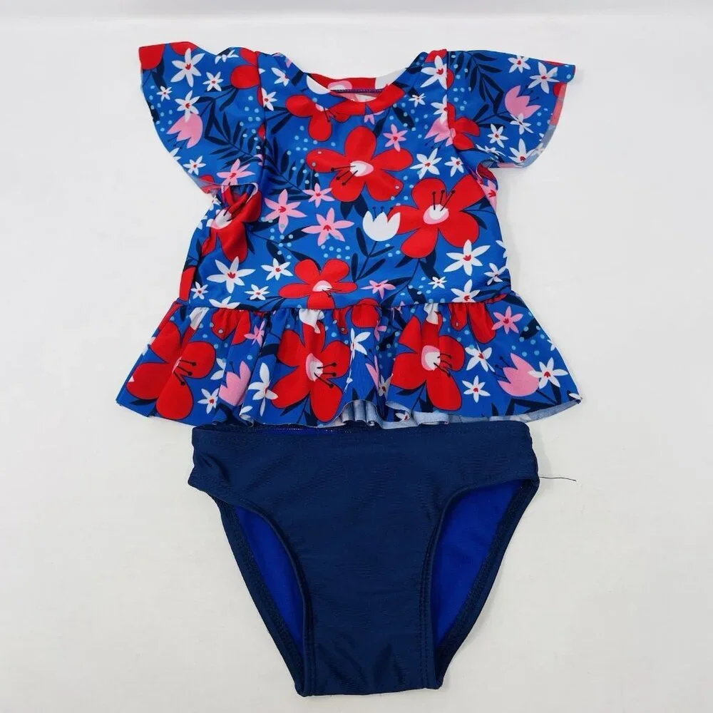 Cat & Jack Baby Girls 12 Months 2 Piece‎ Floral Print Swimsuit with Ruffle 592